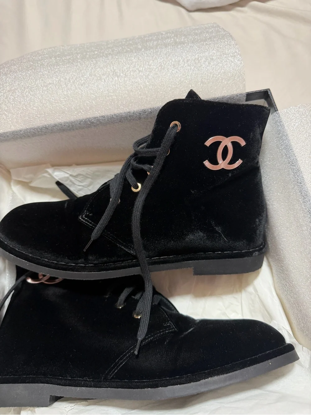 AUTHENTIC Chanel Black Velvet Lace-Up Ankle Short Boots